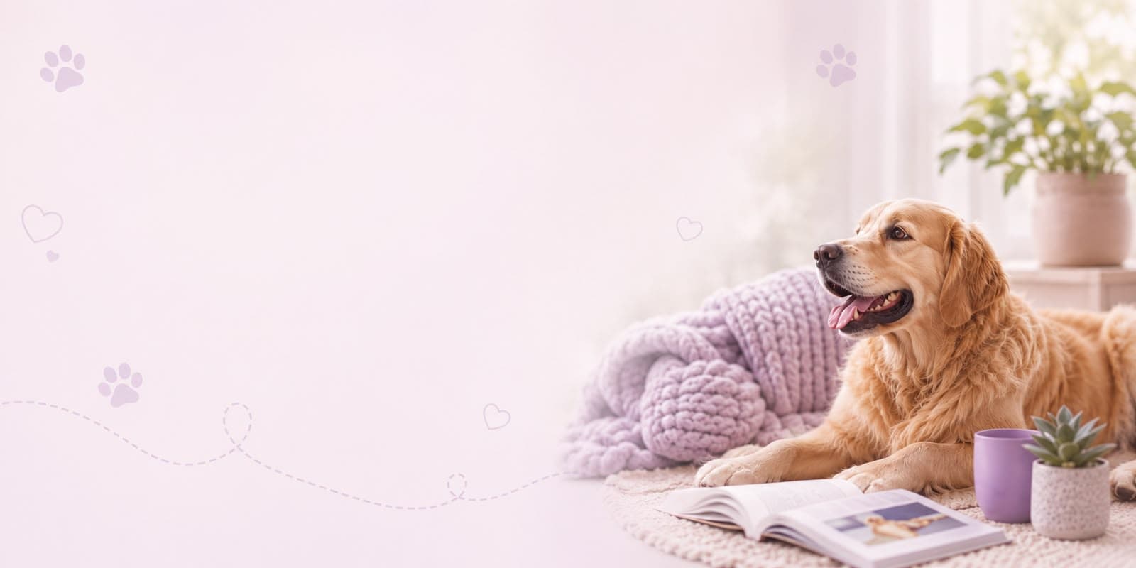 Golden retriever relaxing with a book and cozy blankets