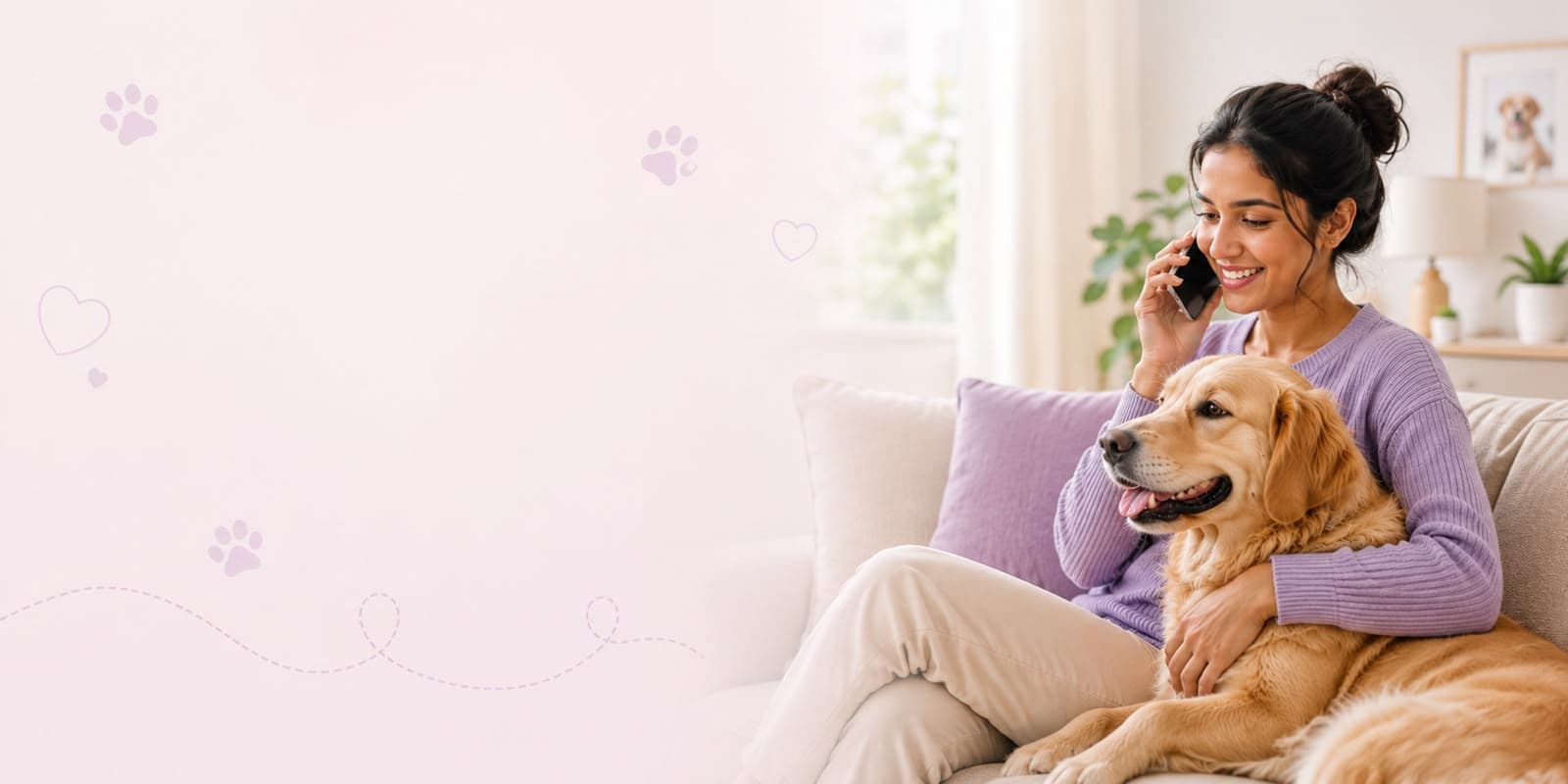 Woman on a phone call with her golden retriever